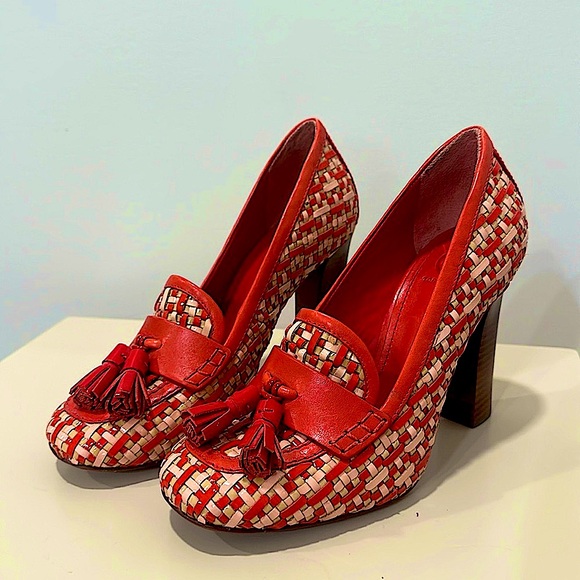 Tory Burch Shoes - Tory Burch loafer heels basket weave red beige 37.5